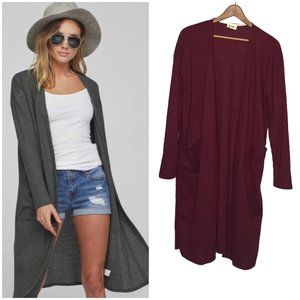 BiBi Large L Burgundy Red Thermal Waffle Knit Duster Cardigan Sweater‎ USA Made